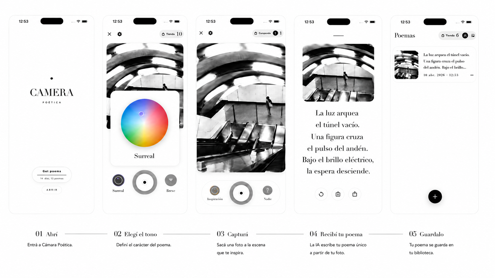 Cámara Poética iOS app flow showing five screens from opening the app to saving a generated poem.