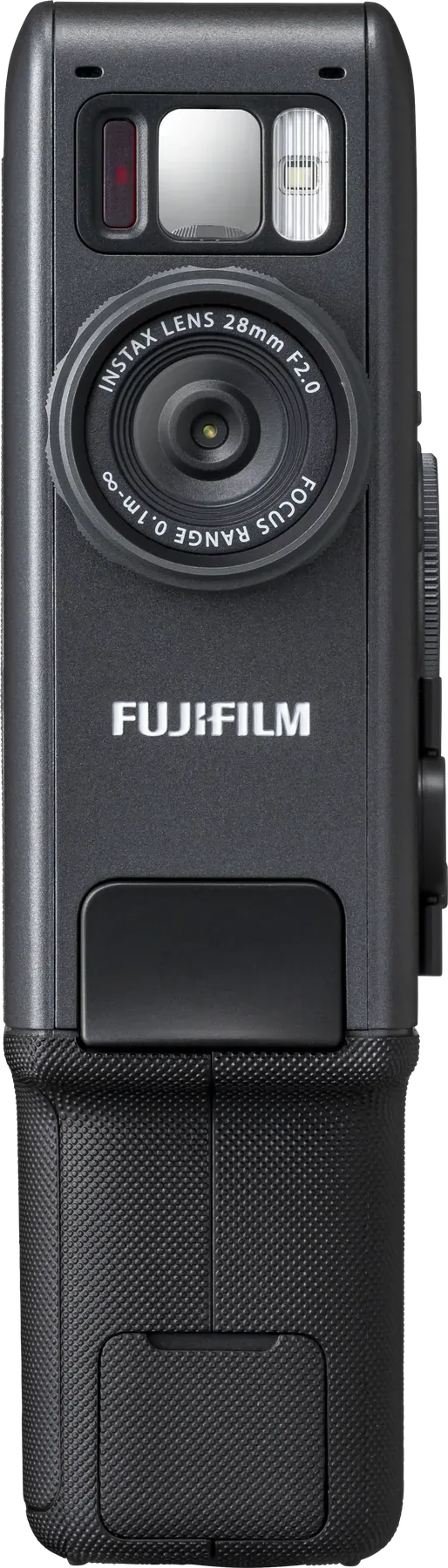 Fujifilm instax mini Evo Cinema in use. The camera uses movie-camera styling to make the object feel more playful and performative. Image via instax.